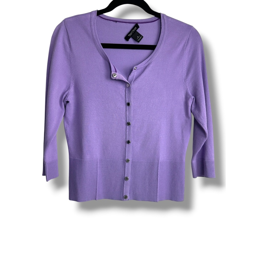 White House Black Market Cardigan Women S Purple 3/4 Sleeve Button Front Ribbed